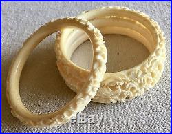 Antique Chinese Hand Carved Bovine Bone Set Of 4 Bangle Bracelets Dragons ESTATE