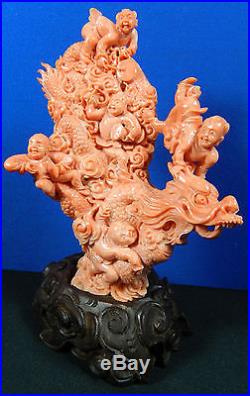 Antique Chinese Hand Carved Coral Figurine Scholars and Dragon