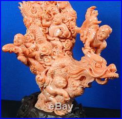 Antique Chinese Hand Carved Coral Figurine Scholars and Dragon