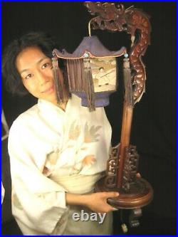 Antique Chinese Hand Carved Rosewood Dragon Lamp Silk Shade