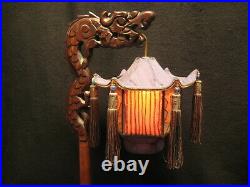 Antique Chinese Hand Carved Rosewood Dragon Lamp Silk Shade