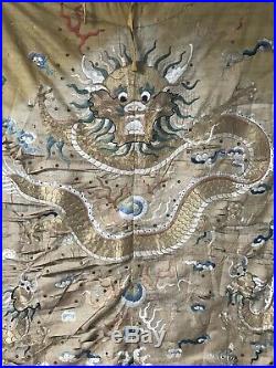 Antique Chinese Hand Embroidered Dragons Gold Thread Summer Robe Gauze Silk