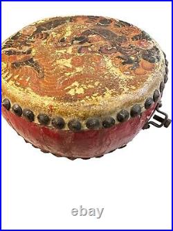 Antique Chinese Hand Painted Dragon Phoenix Leather Drum Tack Head Double Sided