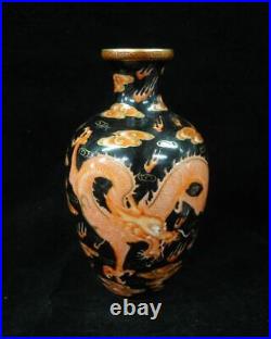 Antique Chinese Hand Painting Dragon Black Porcelain Vase Marked QianLong