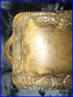 Antique Chinese Handcarved Wooden Tray With Dragon