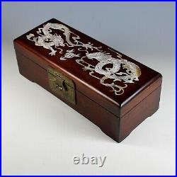Antique Chinese Hardwood Box with Mother of Pearl Inlaid Facing Dragons