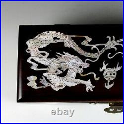 Antique Chinese Hardwood Box with Mother of Pearl Inlaid Facing Dragons