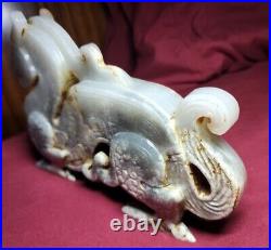 Antique Chinese Hetian Jade Carved Dragon Qilin Beast Statue 7.75