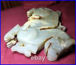 Antique Chinese Hetian Jade Carved Dragon Qilin Beast Statue 7.75
