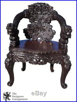 Antique Chinese High Relief Dragon Carved Figural Rosewood Throne Arm Chair