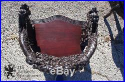 Antique Chinese High Relief Dragon Carved Figural Rosewood Throne Arm Chair