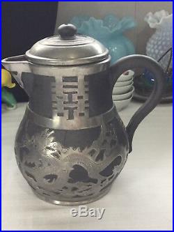 Antique Chinese Hor Chung Weihaiwei Yixing Clay Pewter Mounted Dragon Tea Set