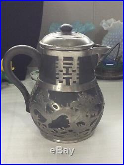 Antique Chinese Hor Chung Weihaiwei Yixing Clay Pewter Mounted Dragon Tea Set