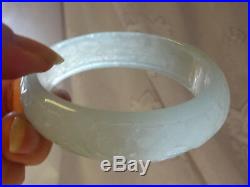 Antique Chinese Ice White Translucent Hand Carved Dragon Jade Bangle Bracelet