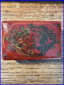 Antique Chinese Imperial Wooden Box With Dragon/Phoenix and Writings Inside