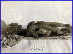 Antique Chinese Jade and Silver Carved Dragon Hand Mirror