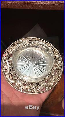 Antique Chinese Japanese Solid Silver Dragon Butter Pickle Dish With Glass Bowl