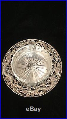 Antique Chinese Japanese Solid Silver Dragon Butter Pickle Dish With Glass Bowl