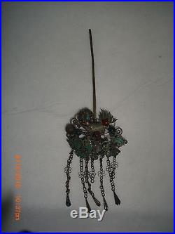Antique Chinese Kingfisher & Tourmaline Silver Dragon dangling Hair Pin Pre-1920
