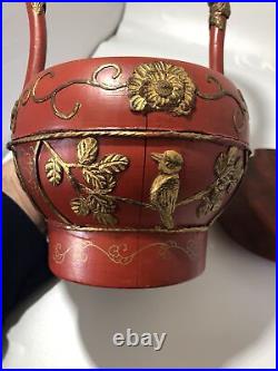 Antique Chinese Lacquer Dragon Gold Gilt Wooden Carved Wedding Basket Wax Seal