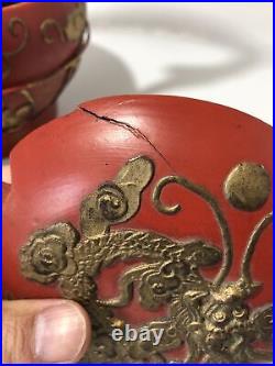 Antique Chinese Lacquer Dragon Gold Gilt Wooden Carved Wedding Basket Wax Seal