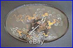 Antique Chinese Lacquer On Wood Sea Dragons Fight Hand Painted Oval Tray