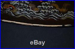 Antique Chinese Lacquer On Wood Sea Dragons Fight Hand Painted Oval Tray