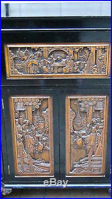 Antique Chinese Lacquered Carved Camphor Wood Bar, Cabinet, Dragons, Court Scenes