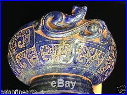 Antique Chinese Lapis Lazuli Stone Dragon Pot With Lid Raised Carving Vase #117