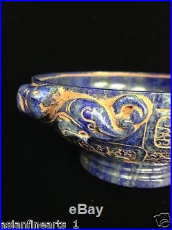 Antique Chinese Lapis Lazuli Stone Dragon Pot With Lid Raised Carving Vase #117