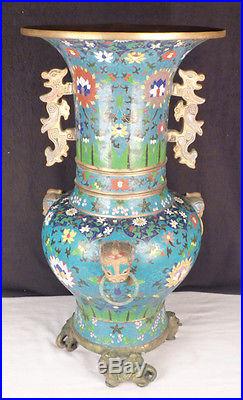 Antique Chinese Large 31 Cloisonne Temple Vase With Dragons And Foo Dogs