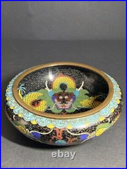 Antique Chinese Late Qing Dynasty Cloisonné Dragon Bowl Flaming Pearl 5 3/4