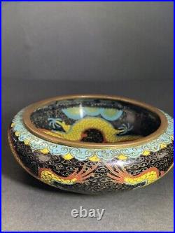 Antique Chinese Late Qing Dynasty Cloisonné Dragon Bowl Flaming Pearl 5 3/4