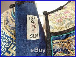Antique Chinese Longpao Dragon Robe Surcoat Woven Gold Blue Silk Brocade Vintage
