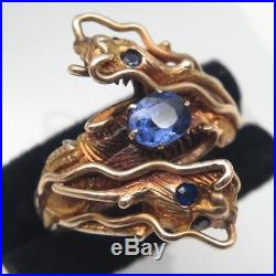 Antique Chinese M Nosey Double Dragon Natural Sapphire 14K Gold Sz 7.5 Ring 7g