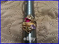Antique Chinese M Nosey Double Dragon Ring, Purple and Pink Spinels, 14 K Gold