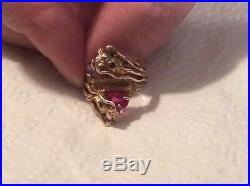 Antique Chinese M Nosey Double Dragon Ring, Purple and Pink Spinels, 14 K Gold