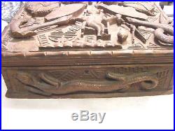 Antique Chinese Masonic Craved Wooden Box Dragons Gods And Snake
