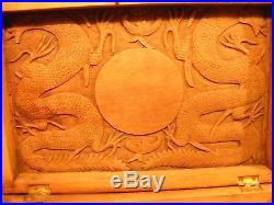 Antique Chinese Masonic Craved Wooden Box Dragons Gods And Snake