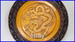 Antique Chinese Ming Dynasty Earthenware Yellow Dragon Roof Tile Hard Wood Frame