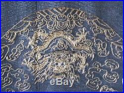 Antique Chinese Ming Dynasty Imperial Dragons Gold Thread Embroidery on Silk