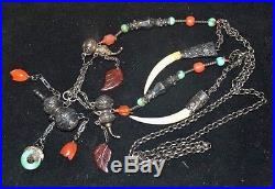 Antique Chinese Necklace Silver Jade Carved Gems Dragon Court Prayer 36105gr