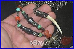 Antique Chinese Necklace Silver Jade Carved Gems Dragon Court Prayer 36105gr