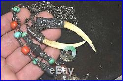 Antique Chinese Necklace Silver Jade Carved Gems Dragon Court Prayer 36105gr