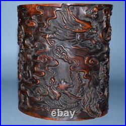 Antique Chinese Old Bamboo Carved Exquisite Dragon Statue Brush Pot Collection