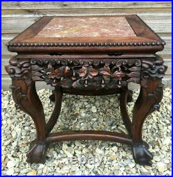 Antique Chinese Oriental Rosewood Dragon Carved Granite Side Table 19th Century