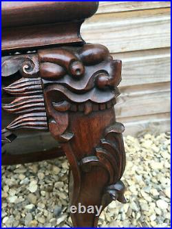 Antique Chinese Oriental Rosewood Dragon Carved Granite Side Table 19th Century