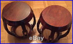 Antique Chinese Pair Of Hardwood Barrel Stools With Dragon Inlaid Top