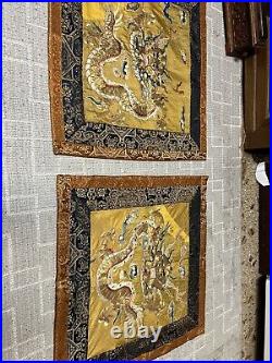 Antique Chinese. Pair Of Silk Golden Dragons 19 X 19