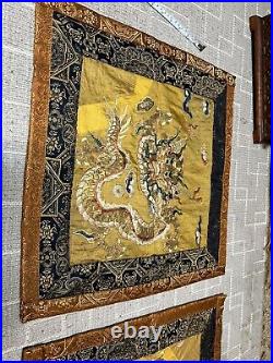 Antique Chinese. Pair Of Silk Golden Dragons 19 X 19